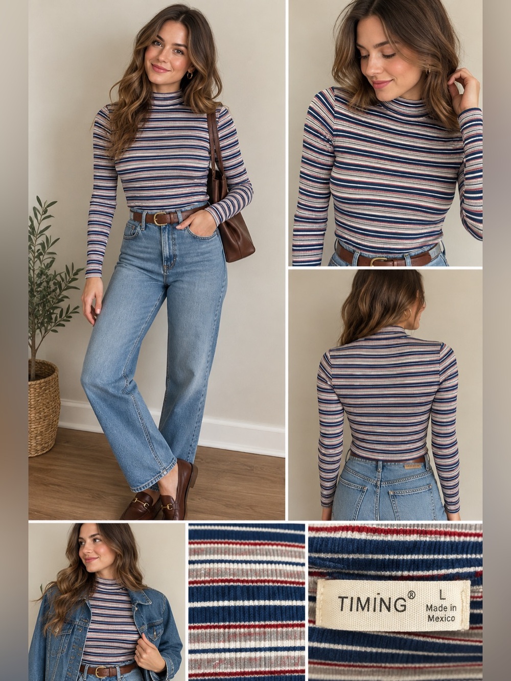 TIMING NWT Red White Blue Striped Mock Neck Long Sleeve Top Size L